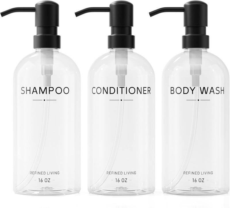 Aeakey Shampoo and Conditioner Dispenser Set,3 Refillable 16oz Bottles with Stainless Steel Pumps – Shower Soap Dispensers for Bathroom, Hotel or Airbnb (Transparent, 3-Pack) - Image 1